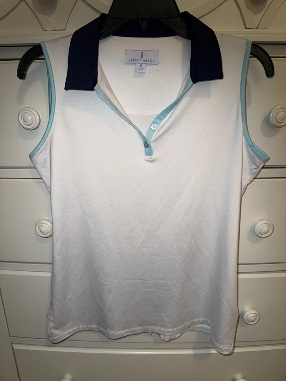 Sport Haley White Sleeveless Polo with Navy Collar and Light Blue Trim Sz MED